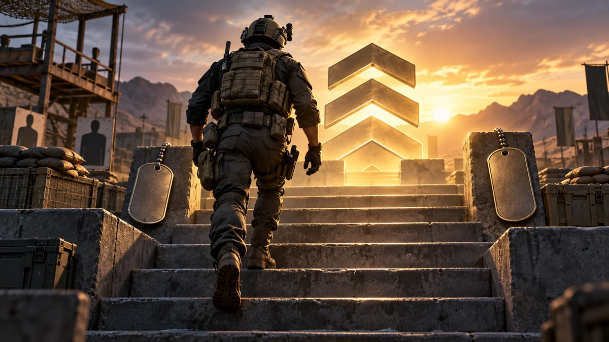 Tactical operator climbing concrete steps toward rank chevrons at sunset.