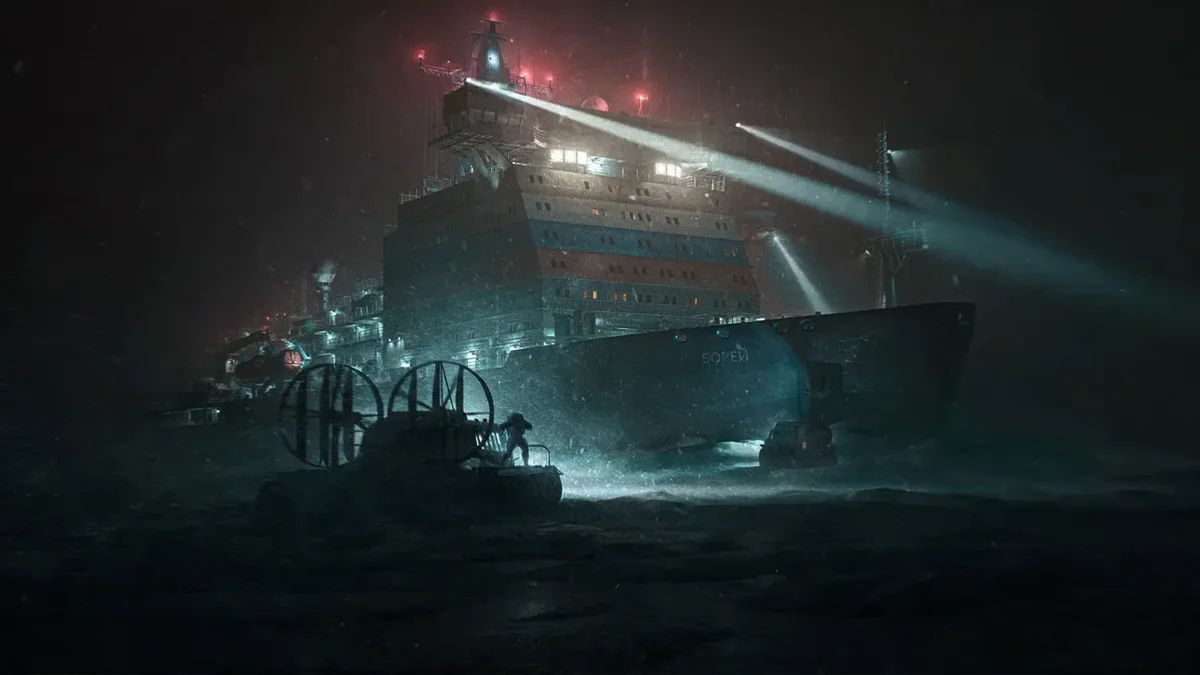 Tarkov Boreas questline image with the icebreaker ship at night