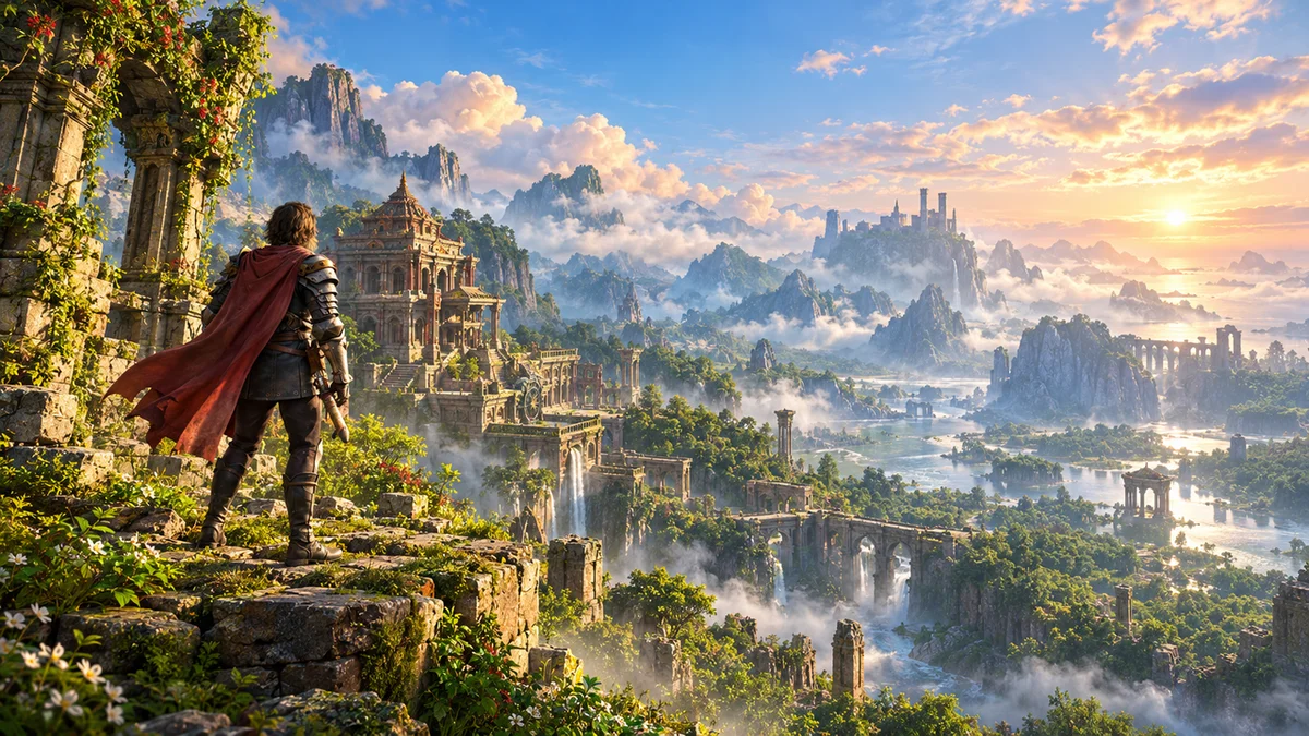 An armored traveler overlooks lush Auroria valleys and ancient ruins in ArcheAge Chronicles.