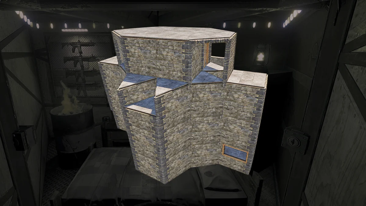 Rust Tier 2 Base Boost with a completed stone base and Workbench Level 2