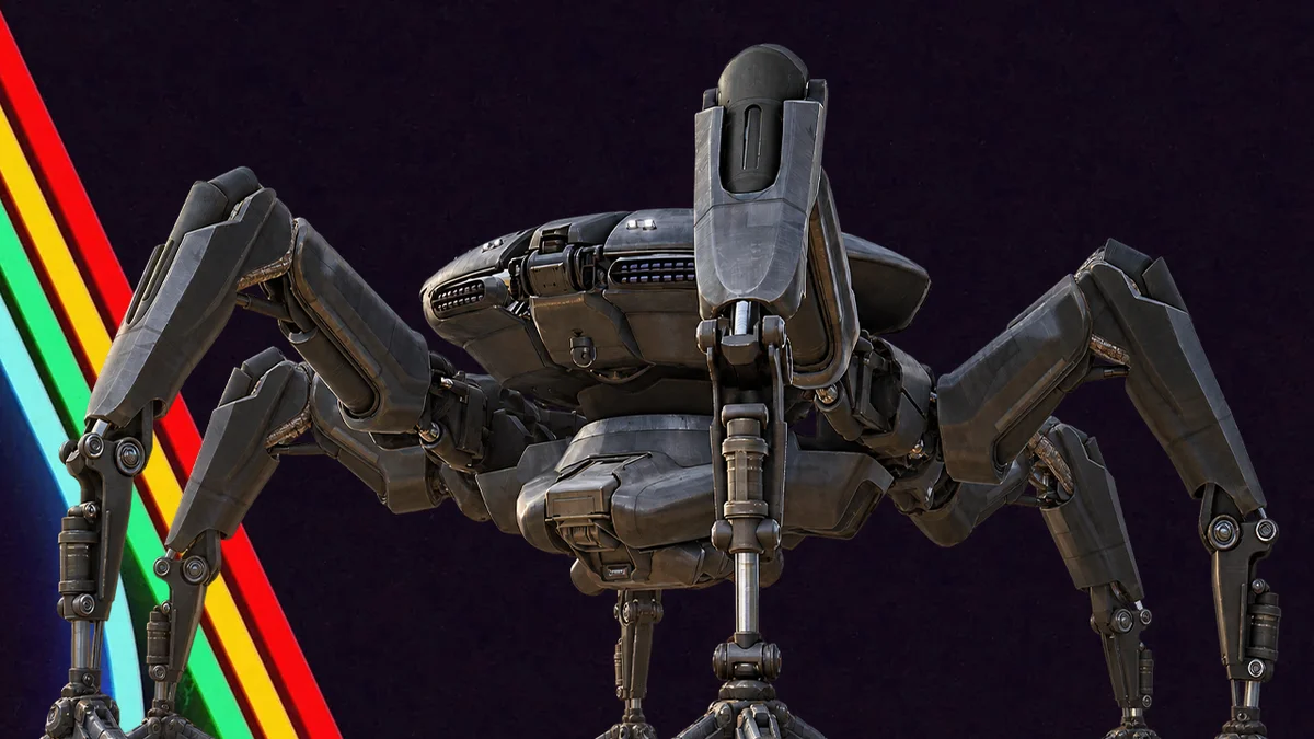 Queen ARC machine with long articulated legs and a blue head sensor
