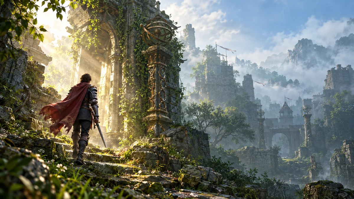 An armored explorer approaches a sunlit ancient stone arch in the ruins of Auroria.