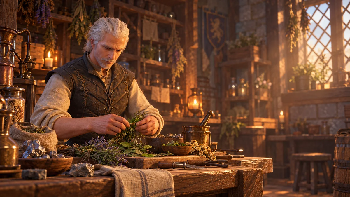 A silver-haired artisan prepares herbs beside cloth and ore on a wooden workbench in a warmly lit workshop.