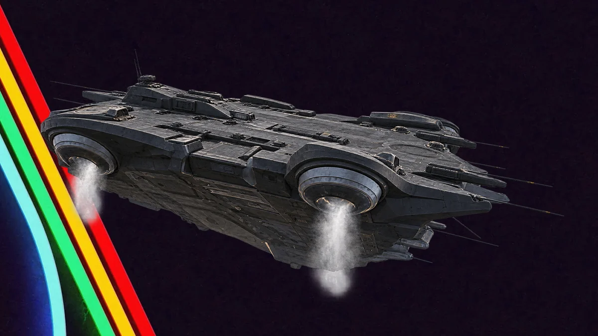Dark metallic Frigate hovering on a navy backdrop with colored diagonal stripes