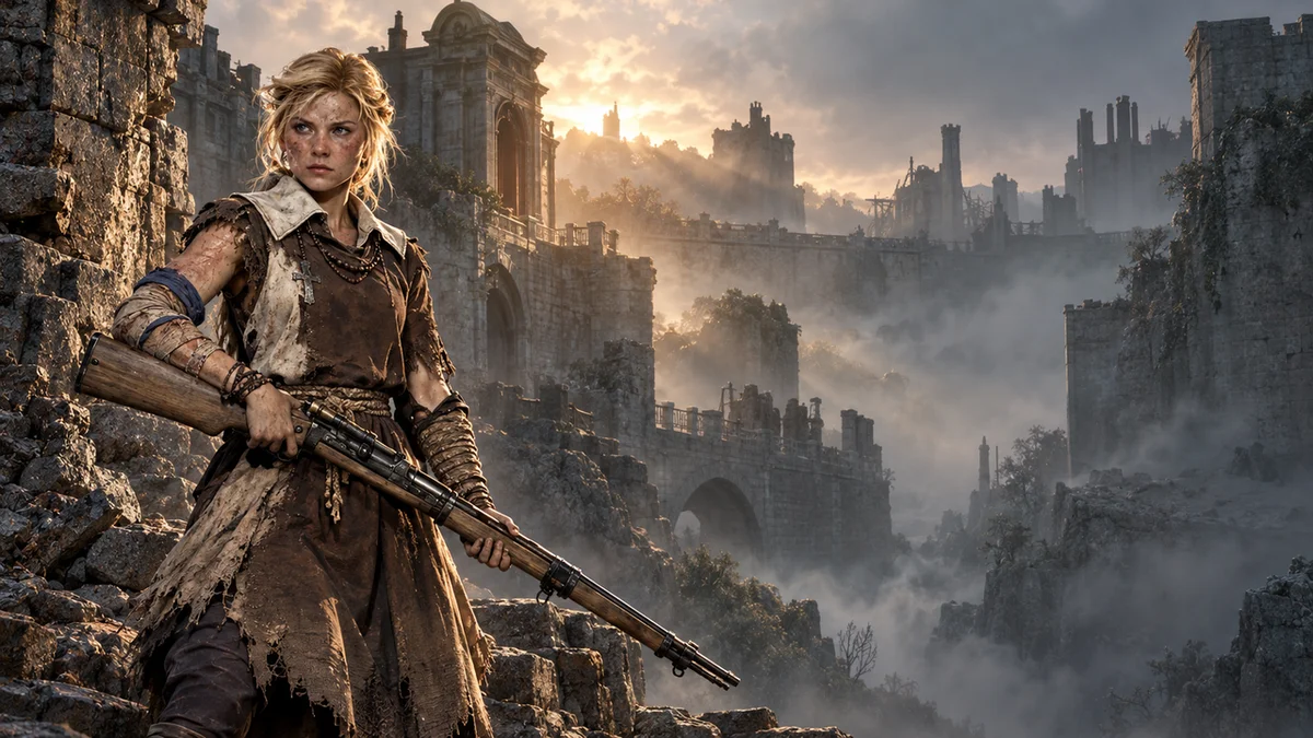 Marie holds an antique rifle beside a ruined stone citadel in a foggy HUNGER landscape