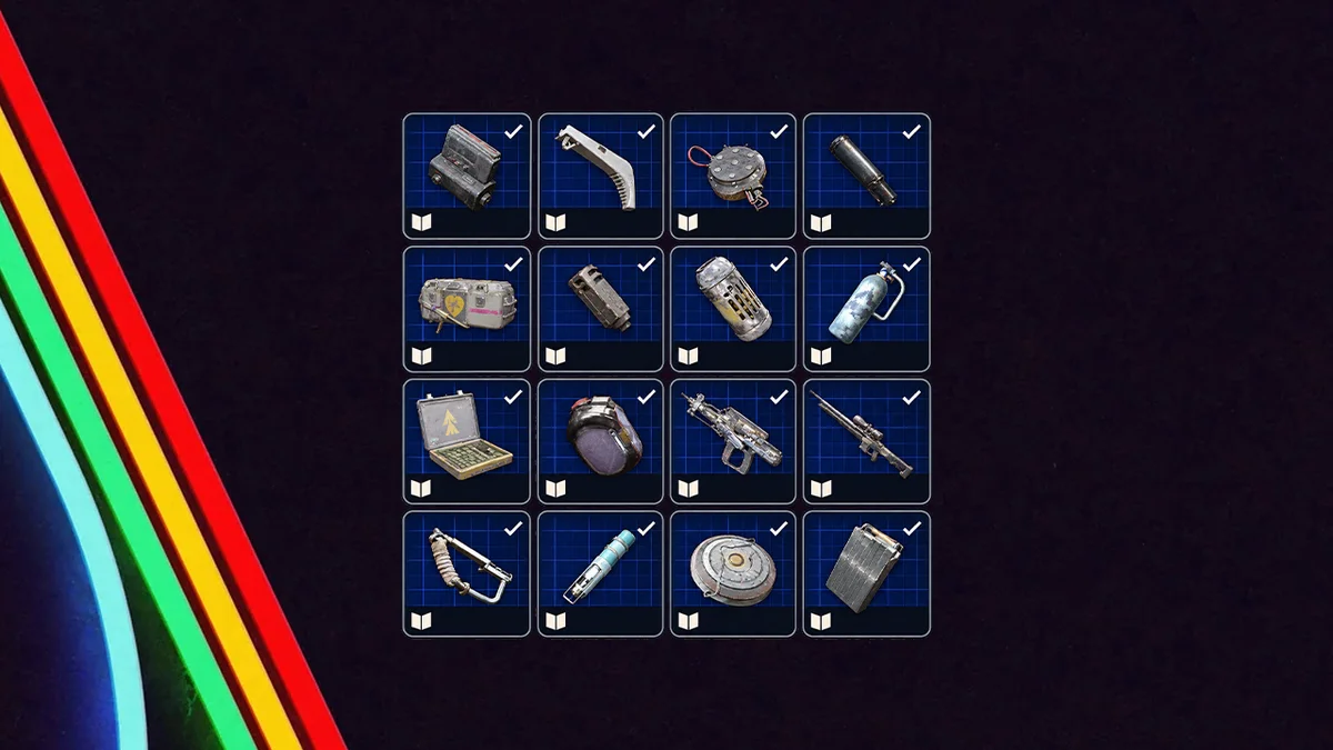 Four-by-four grid of sixteen navy blueprint cards with weapon and gadget icons