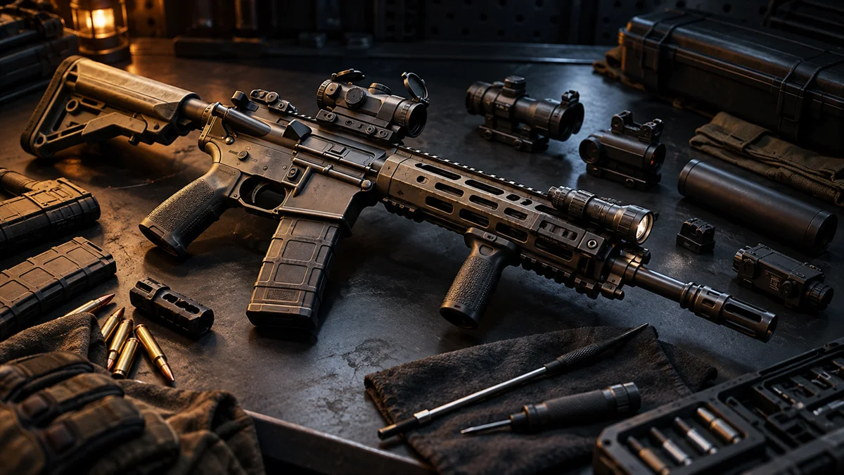 Modern rifle and attachments arranged on a dark workbench.