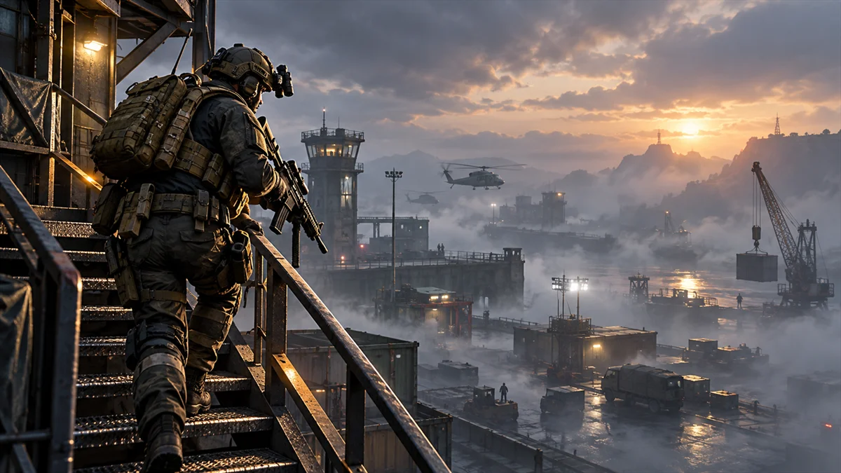 Tactical operator ascending an industrial staircase above a misty extraction zone.