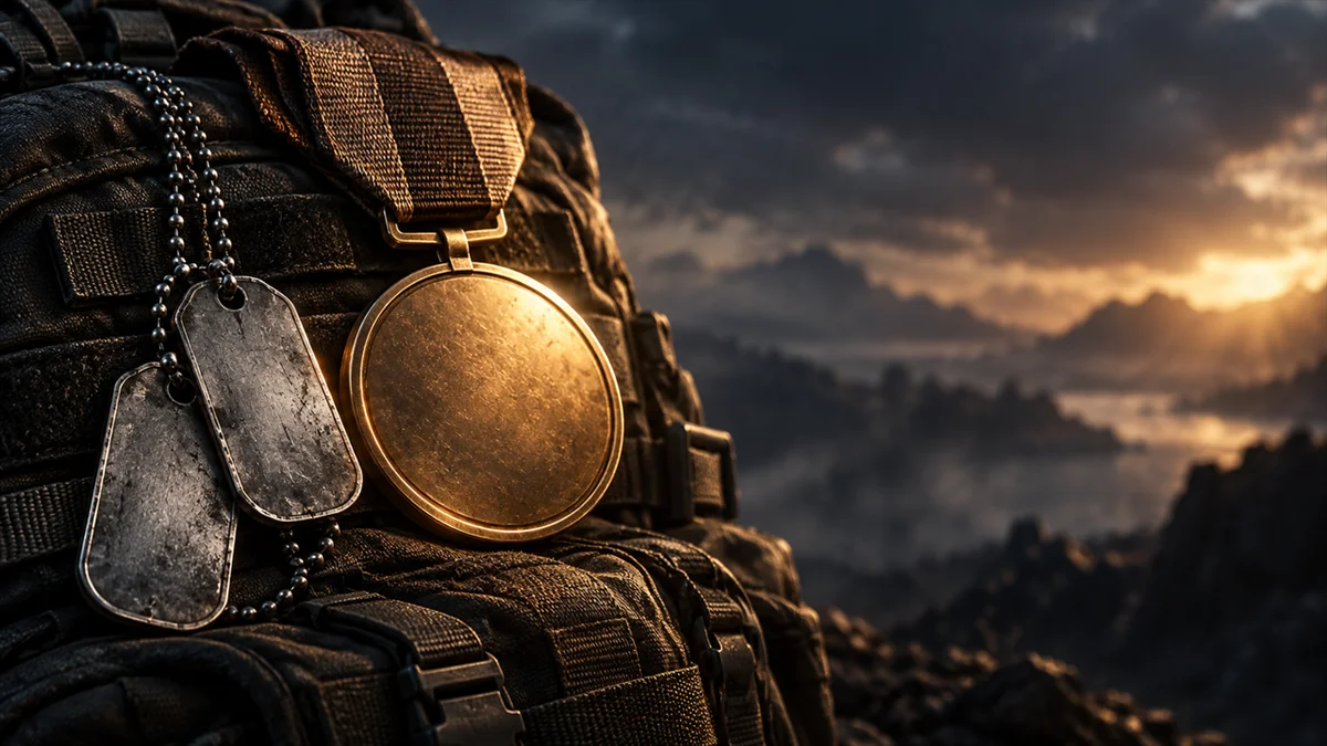 Blank bronze medal and steel dog tags hanging from a tactical pack.