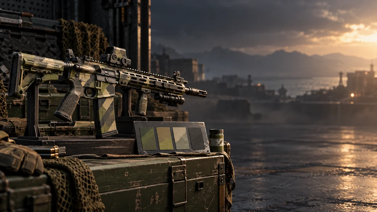 Camouflaged rifle and paint swatches on a military equipment case.